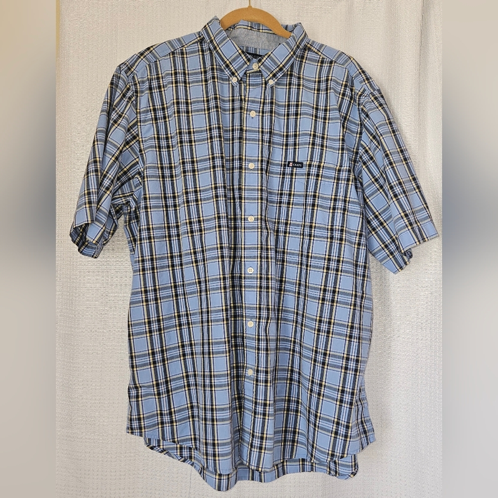 Chaps Easy Care Short Sleeve  button-front shirt, blue yellow white XXLB
